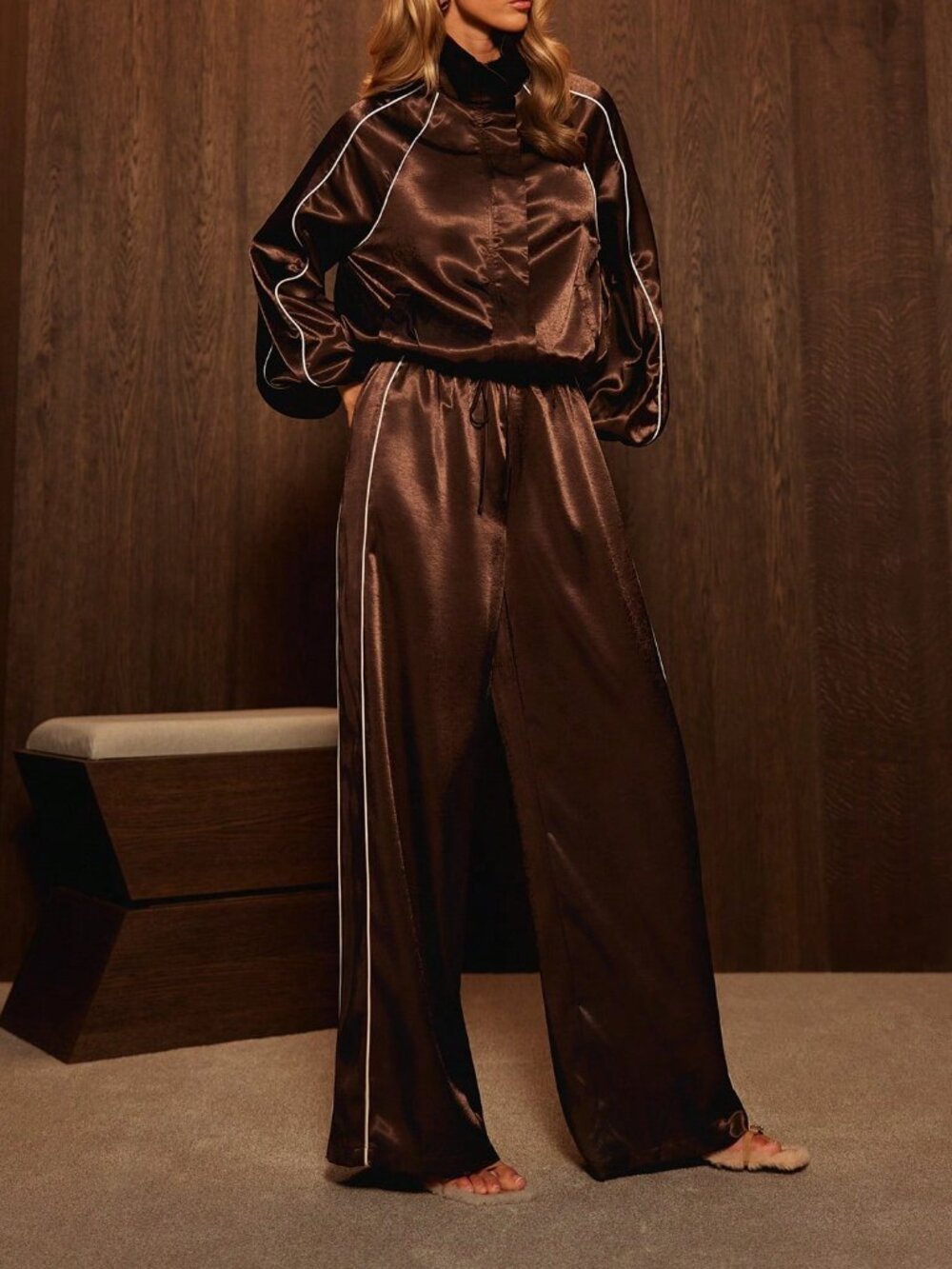 Brown Party Women's Drawstring Contrast Piping Loose Extra Long Wide Low Pants